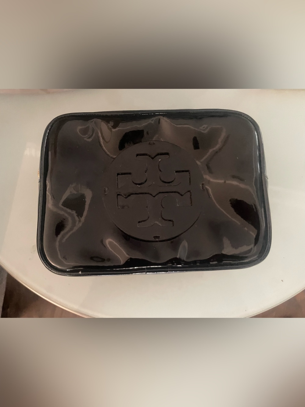 Tory Burch Glossy Black Patent Logo Cosmetic Case
